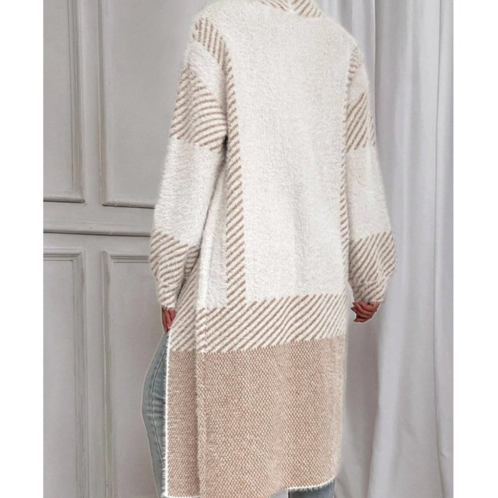 Tan Striped Pattern Fuzzy Duster Knit Sweater Cardigan - Picture 3 of 6